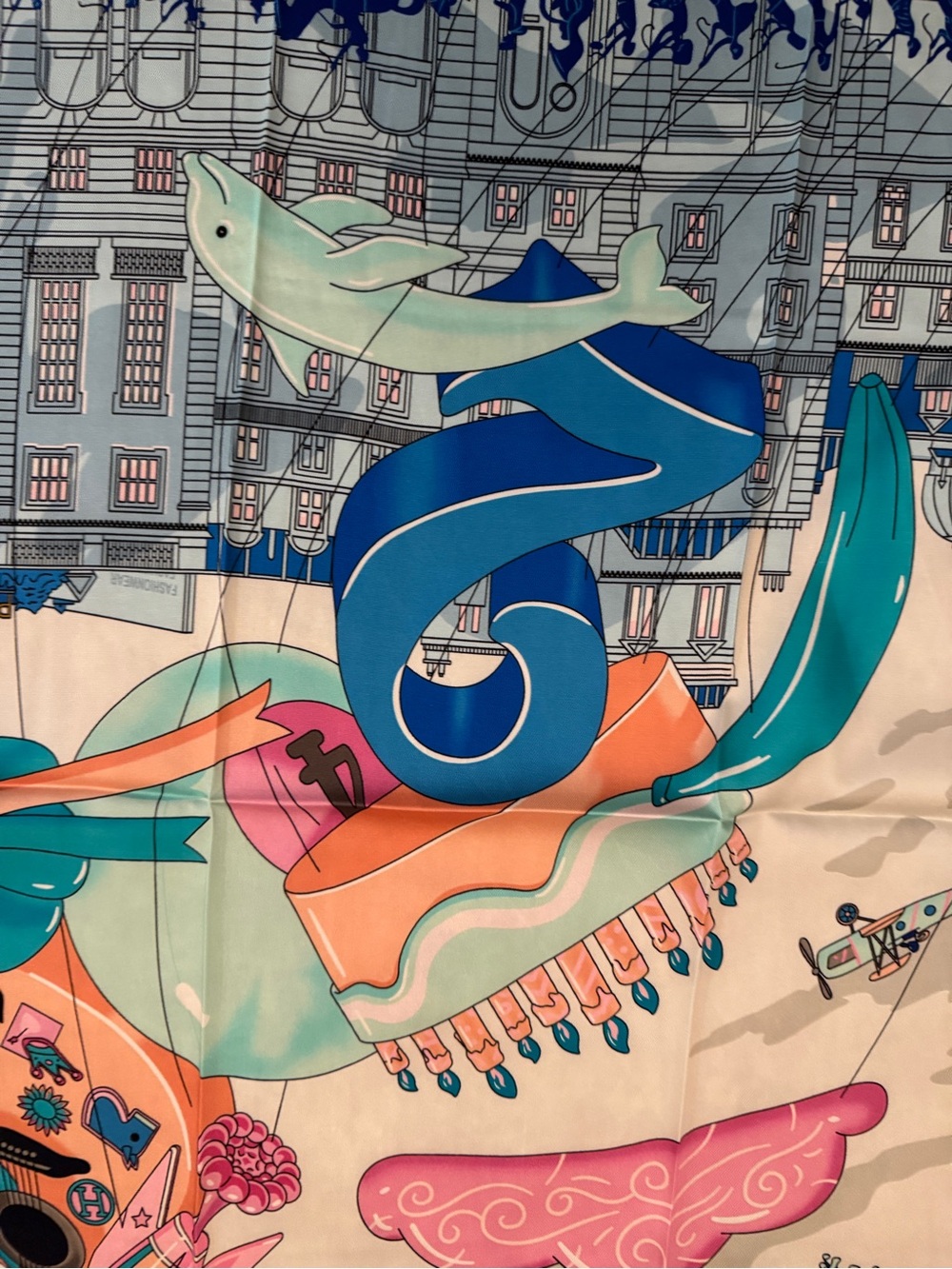Luxury 90cm Silk Scarf with Teal, Pink & Blue Illustration - Picture 2 of 6